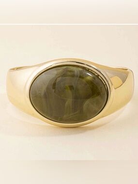 A483. Cuff Bracelet  with Oval Olive Green Stone